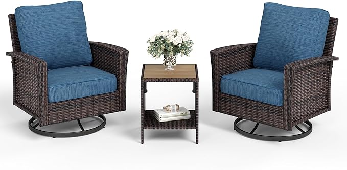 Patio Wicker Swivel Chairs Set of 2, Outdoor High Back Chairs with 5.5" Waterproof Cushions and Side Table, Outdoor Furniture Set for Deck Porch and Yard, Peacock Blue
