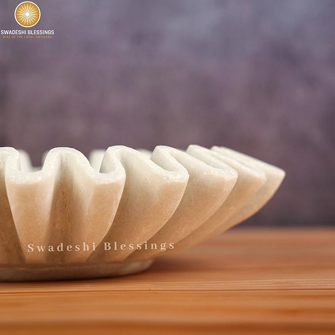 SWADESHI BLESSINGS HandCrafted Marble Ruffle Bowl/Antique Scallop Bowl/Fruit Bowl/Vintage Ring Dish/Decorative Flower Dish/HouseWarming Gift/Wedding Gifts/Urli (7 Inches)