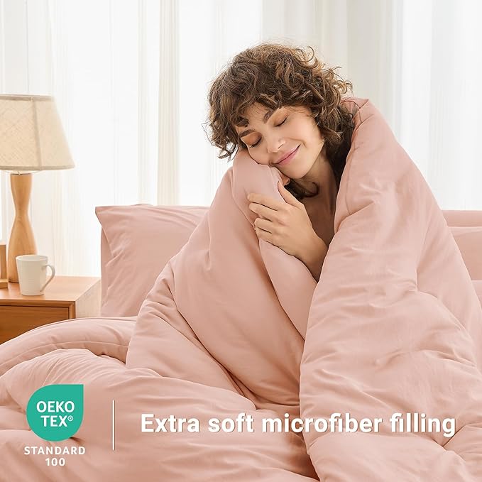 MUXHOMO 5 Pieces Twin Comforter Set, Soft Bed in a Bag Twin Size, All Season Bedding Set with Comforter, Flat Sheet, Fitted Sheet, Pillowcases & Shams, Rose Gold