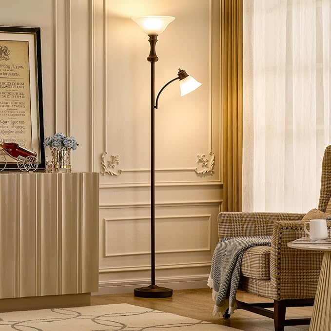 71'' Torchiere Floor Lamp for Bedroom with Glass Shade, Tall Floor Lamps for Living Room with Adjustable Angle Arc Reading Light, Modern Standing Light, Knob Switch, Bulb Included, Red Brown