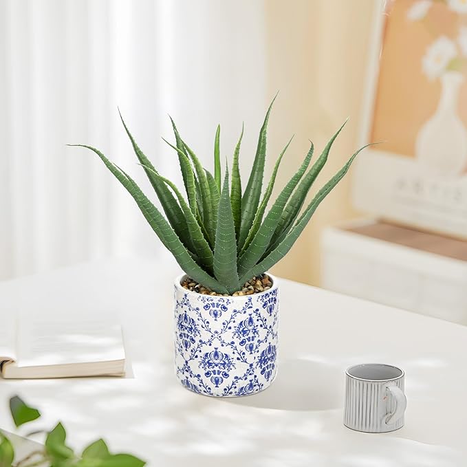 Briful Agave Plants Artificial Succulents Fake Plant in Blue Vase, 9'' Tall Realistic Faux Aloe Vera for Home Decor Indoor Centerpiece Table Kitchen