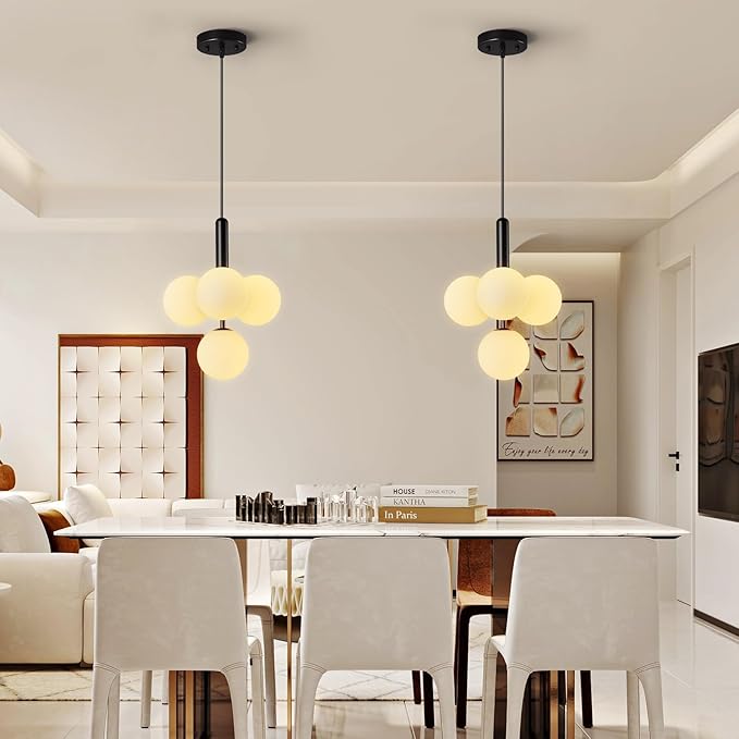 4 Light Globe Chandelier Mid Century Pendant Light with Milky White Glass Shade Modern Black Sputnik Chandeliers for Dining Room Living Room Bedroom Kitchen Island