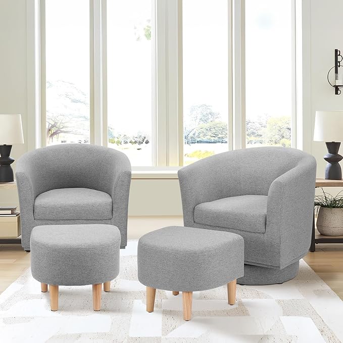 DAZONE Swivel Accent Chair Set of 2 with Ottoman, Modern Upholstered Barrel Armchairs with 360° Swivel Base, Comfortable Club Chairs for Living Room, Bedroom, Reading Nook, Grey