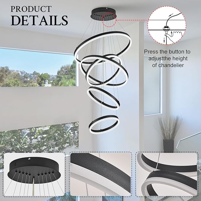 Modern LED Chandelier for Foyer Dimmable Black High Ceiling Chandeliers Foyer with Remote Control for Entryway Dining Room Living Room Staircase, 3000K-6500K(5-Rings D23.6’’)