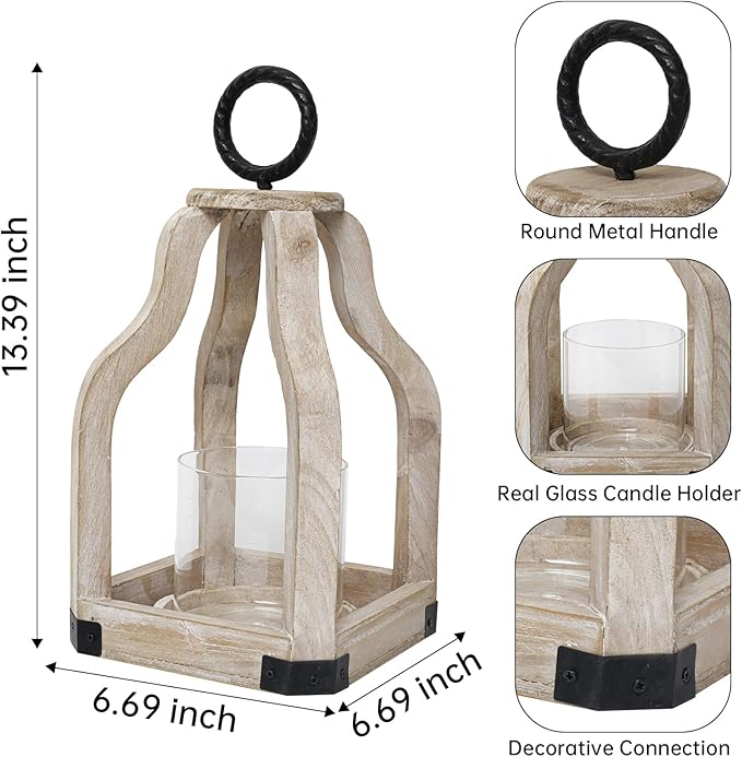 SWALLOWLIVING 13" Rustic Farmhouse Wood Candle Hurricane Lantern with Glass Candlestick Holder for Patio, Table Centerpiece, White Washed