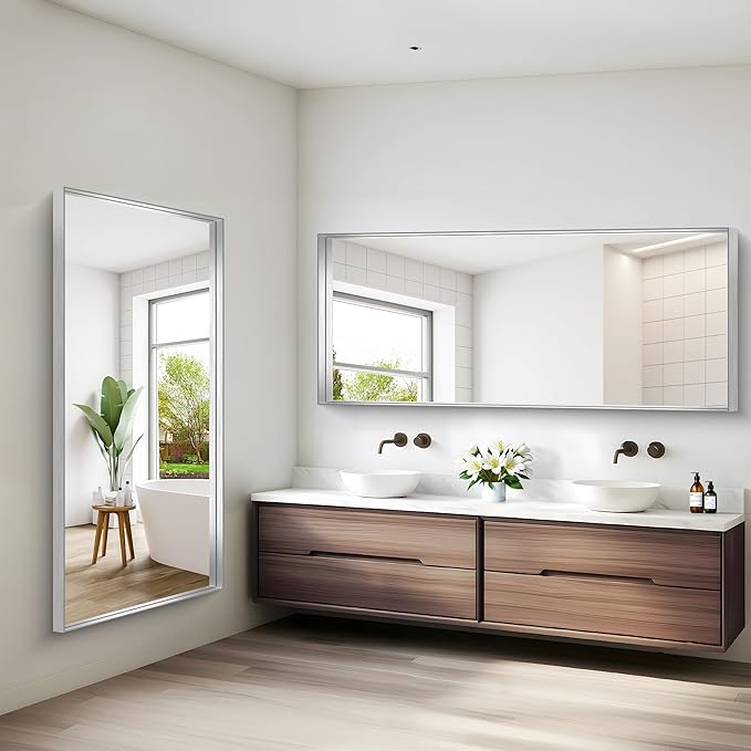 Silver Bathroom Mirror, 72x30 Inch Rectangular Deep Frame Mirror, Large Wall Mounted Bathroom Vanity Mirror Over Sink for Bedroom,Restroom, Living Room, Hangs Vertically or Horizontally