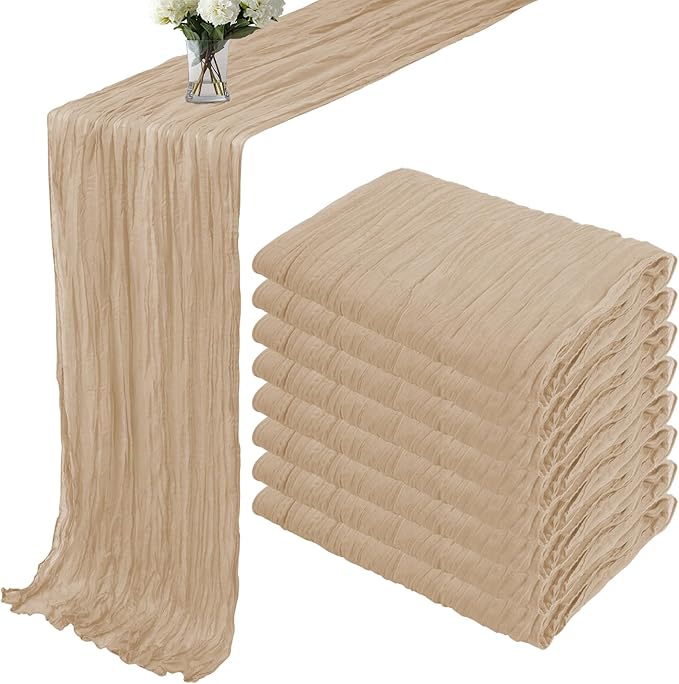 8 Pack Cheesecloth Table Runner 35x120 Inches Beige Boho Gauze Rustic Cheese Cloth Runners 10ft Long Romantic Sheer Table Runner for Wedding Bridal Baby Shower Party Christmas Table Decor