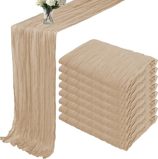 8 Pack Cheesecloth Table Runner 35x120 Inches Beige Boho Gauze Rustic Cheese Cloth Runners 10ft Long Romantic Sheer Table Runner for Wedding Bridal Baby Shower Party Christmas Table Decor