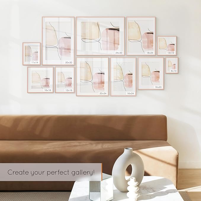 Homeforia 8x12 Picture Frame Rose Gold, High End Metal 8 x 12 Poster Frames with Mat 6 by 8 Photo, 12x8 Frame Matted to 6x8 inch Print, 8by12 Wall or Tabletop Frame, Tempered Glass, Wall Kit, Set of 1