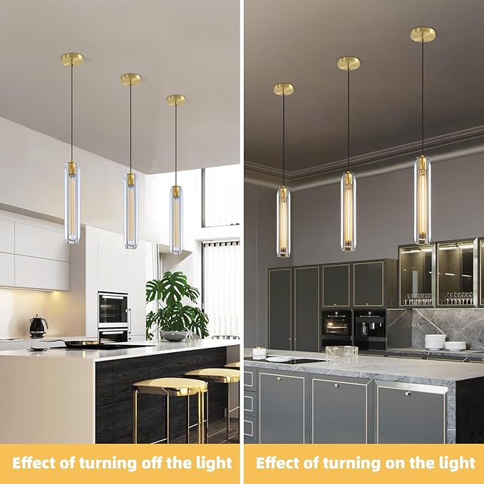 Modern K9 Crystal Pendant Light 2 Pack,14.95'' Clear and Gold Island Pendant Lights,Kitchen Crystal Light Pendant,Bar Pendant Lights,for Kitchen Dining Bathroom Bedroom
