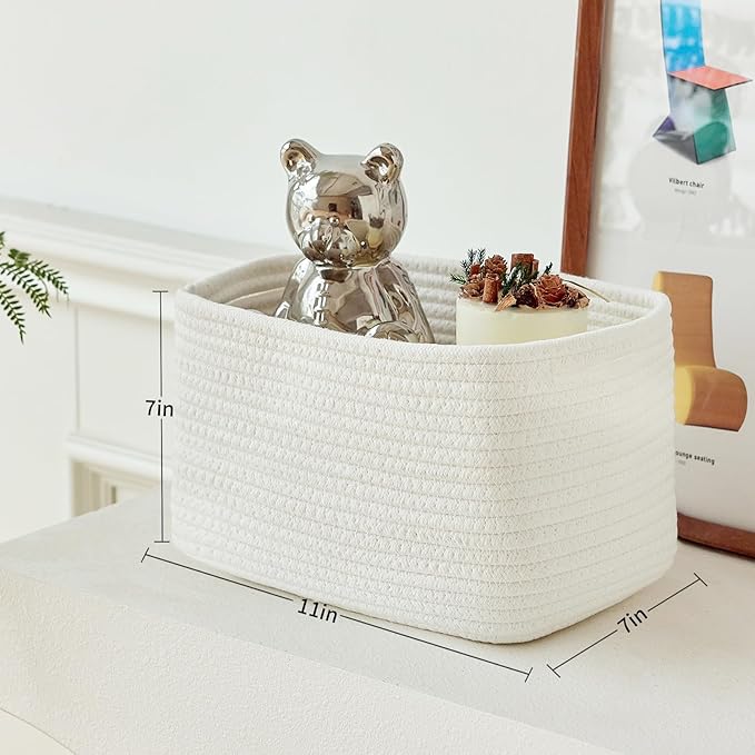 Small Cotton Rope Basket – Storage Bin for Organizing (10.6" x 6.7" x 6.7"), Bathroom Storage Basket for Shelf, Counter & Closet（White）