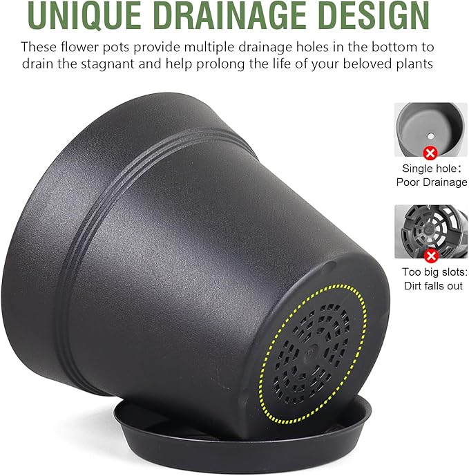 6 inch Nursery Pots, 16 Pack Plastic Plant Pots for Indoor Outdoor Plants, Flower Pots with Drainage Holes and Saucers, Decorative Seedling Starter Planters for House Plants, Black