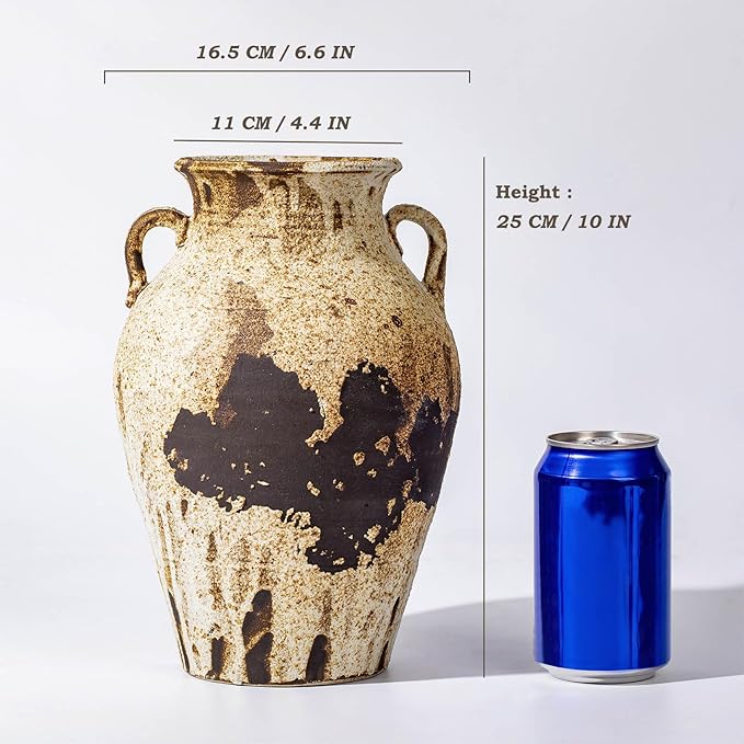 Pottery Vase - Vintage Rustic vase, 10" White Farmhouse Weathered Terracotta Vases, Handmade Clay Vase with Two Handles, Tall Textured Antique vases for Home Decor, Entryway, Fireplace Mantel Deco