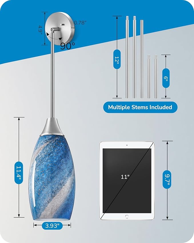 EDISHINE Pendant Light Fixtures, Handcrafted Art Glass Hanging Light with Brushed Nickel Finished, E26 Socket, Adjustable Cord Glass Pendant Light for Kitchen, Bathroom, Hallway, Bar