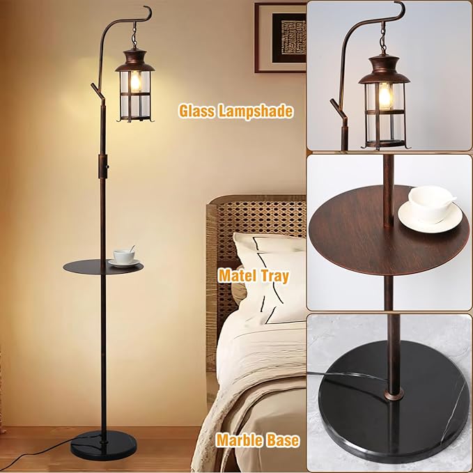 Vintage Dimmable Floor Lamp with matel Table,Classical Lanterns Standing Lamp, Rustic Farmhouse Floor Lamp with Red Copper Finish, for Living Room Bedroom