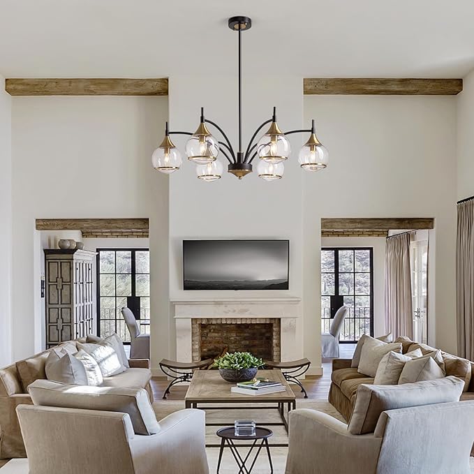 6 Light Modern Dining Room Light Fixtures Over Table 33.8" Black and Gold Chandelier with Globe Glass Bubble Shade Mid CenturySputnik Chandeliers for Dining Room，Living Room,Kitchen