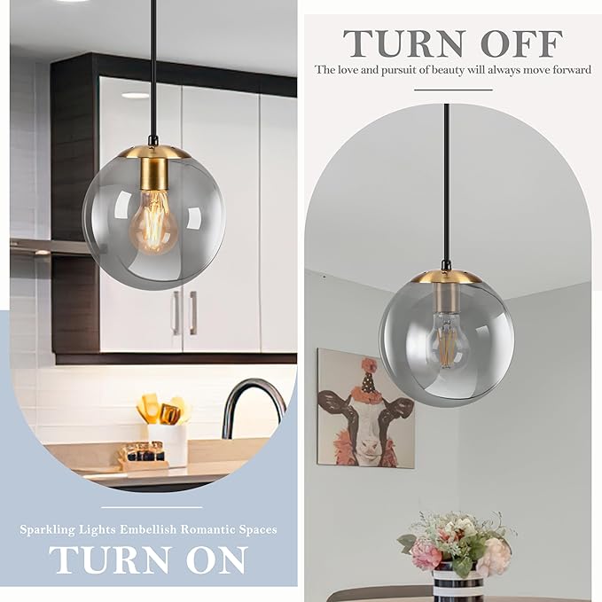 KoKo&Yukina 8 Inch Gold Pendant Light Globe Pendant Lights Kitchen Island Mid Century Light Fixture with Grey Glass Shade Adjustable Globe Cluster Lights for Dining Room Living Room