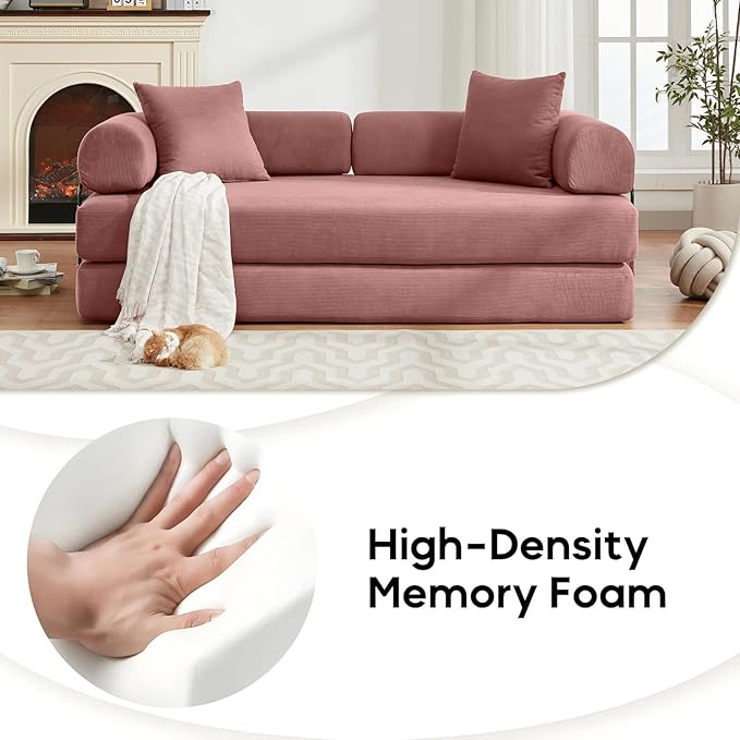 Convertible Sleeper Sofa Bed with Cylindrical Pillow, Corduroy Folding Boneless Couch with Fixed-Shape Frame, Floor Sofa Lounge Couch for Living Room Bedroom Lounge Studio-Pink
