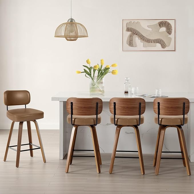 Swivel Bar Stools Set of 4, 29" Upholstered Faux Leather Barstools with Back and Bent Wood Legs, Mid Century Modern Bar Chair Island Stool for Kitchen Counter, Brown