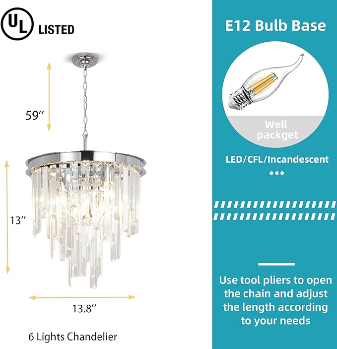 13.8'' Modern Crystal Chandelier, Chrome Round Ceiling Light with Clear Prisms, Luxury Flush Mount Lighting Fixture for Dining Room Bedroom Foyer