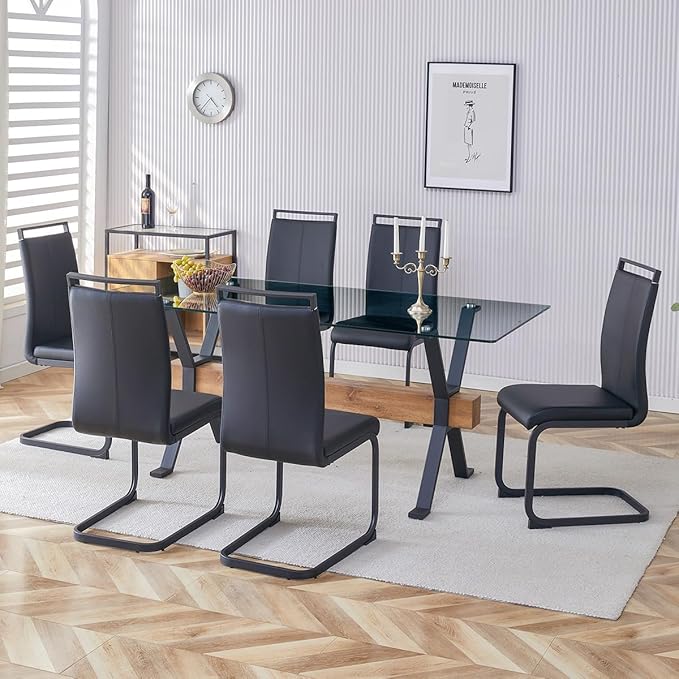 7 Piece Glass Dining Table Set, Kitchen Table Chairs Set for 6, 71'' Dining Table with 0.4" Tempered Glass Tabletop with Plated Metal Legs and MDF Crossbar, 6 PU Chairs for Dining Room, Kitchen.