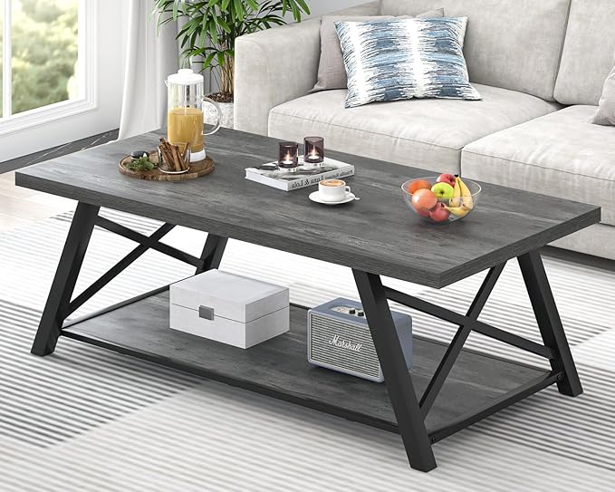 EXCEFUR Coffee Table, Industrial Wood and Metal Center Table for Living Room, Rectangle Cocktail Tea Table with Storage Shelf, Rustic Grey, 47 Inch