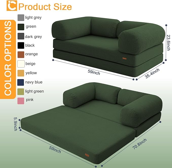 COMAX Futon Sofa Bed, 4-in-1 Floor Foldable Sofa Couch Bed Queen with L-Shaped Armrests, Convertible Folding Chair Bed Sleeper Mattress Fold Out Comfy Lounge for Living Room Bedroom, Green