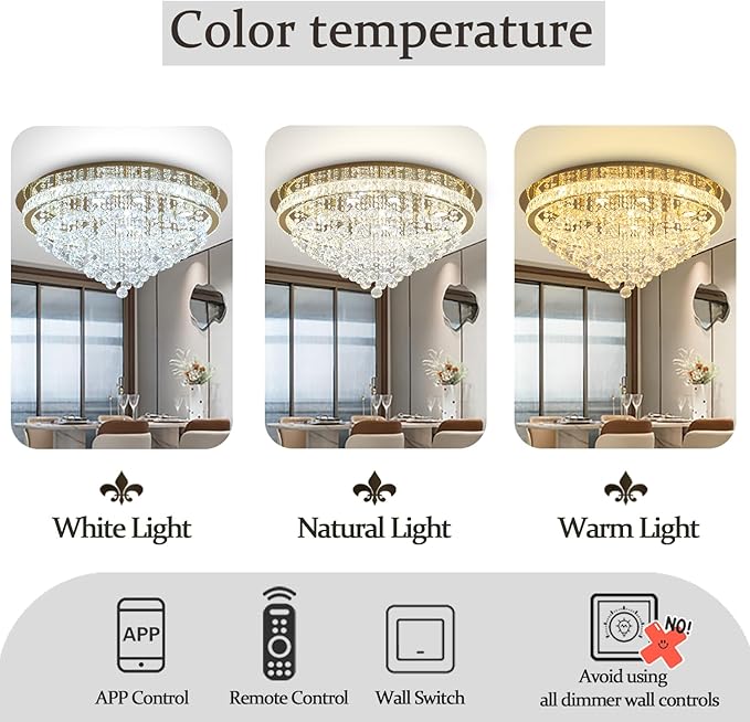 Dia 32" Modern Crystal Chandeliers for Living Room LED Dimmable Raindrop Chandelier Gold Ceiling Pendant Light with Remote Flush Mount Crystal Ceiling Light for Dining Room Bedrooms Foyer