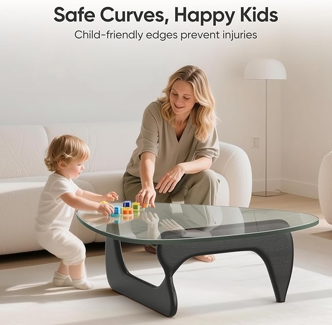 Triangle Glass Coffee Table with Solid Wood Base, 0.8'' Thick Clear Glass Top, 51'' Width Mid Century Modern Coffee Table for Living Room Bedroom Reception (Black)