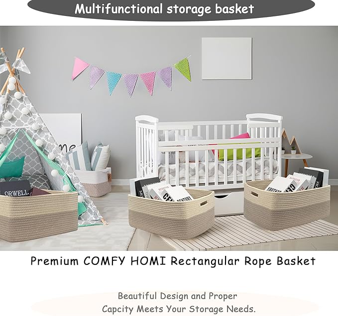 COMFY-HOMI 2 pcs Large Storage Baskets for Shelves, Laundry Basket, Woven Rope Basket, Closet Organizer Bins for Clothes Blanket Towels, Baby Nursery, Gift Toy Baskets, 17” x 13” x 7.5”-Beige brown