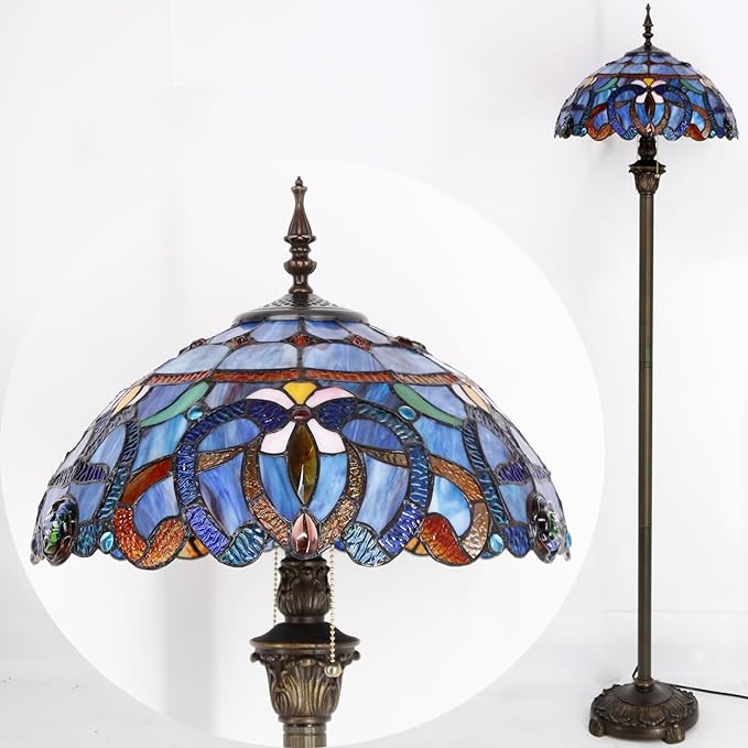 WERFACTORY Tiffany Floor Lamp Blue Purple Cloudy Stained Glass Standing Reading Light 16X16X64 Inches Antique Pole Corner Lamp Decor Bedroom Living Room Home Office S558 Series