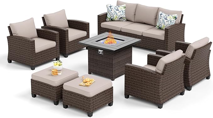 Patio Furniture Set Outdoor Furniture Brown Wicker Rattan Patio Conversation Sets with Cushion Outside Sofa Set,7 Pieces with Firepit Table,9 Seats,Beige