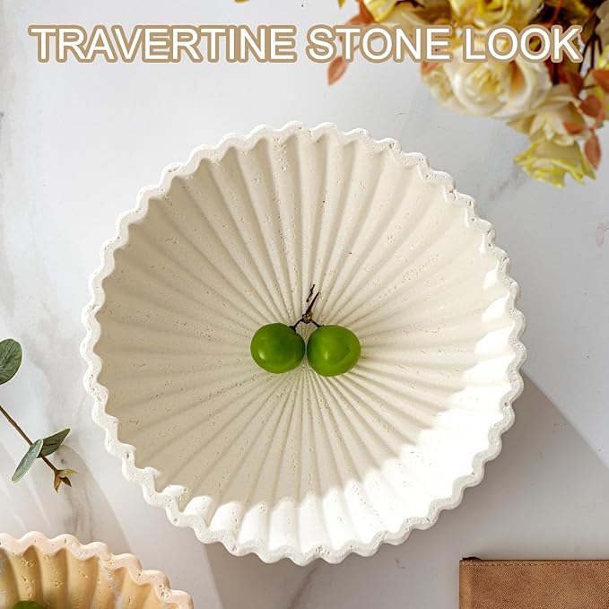 Large Decorative Fruit Bowl for Kitchen Counter, Travertine Stone Look Modern Minimalist Snack Candy Bowl for Table Centerpiece Decor, Home, Office, Hotel, Entryway (White)