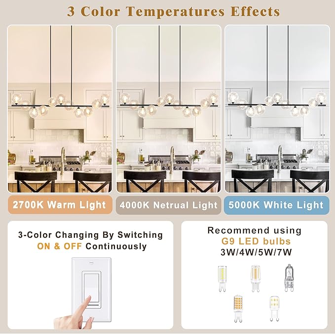 Linear Chandeliers for Dining Room, 51" Dining Room Light Fixture with Clear Swirled Glass Globe 11 Lights Black Sputnik Chandelier Bubble Large Chandelier Modern Farmhouse Island Light