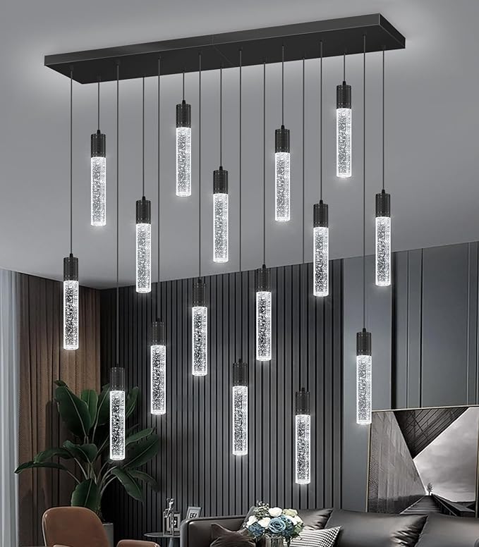 16-Lights Modern Crystal Rectangular Chandeliers LED Pendant Light for Kitchen Island High Ceiling Chandelier for Dining Room Entrance Foyer Living Room Black