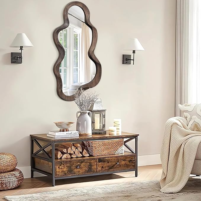 Large Asymmetrical Mirrors for Wall Wood Frame Irregular Mirror Unique Cloud Wavy Mirror Modern Living Room Bedroom Vanity Entryway Hallway Decorative Artistic Wall Mirror
