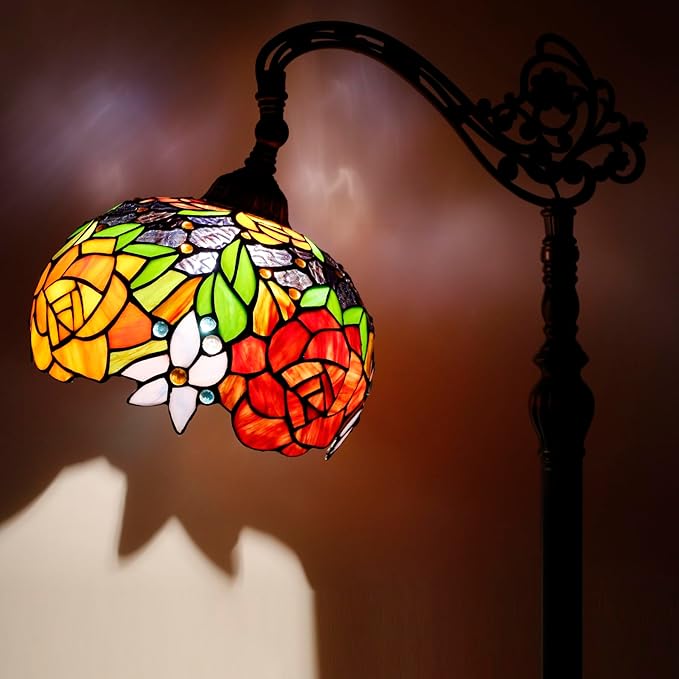 WERFACTORY Tiffany Floor Lamp Red Rose Flower Stained Glass Arched Lamp 10X18X64 Inches Gooseneck Adjustable Corner Standing Reading Light Decor Bedroom Living Room S001 Series