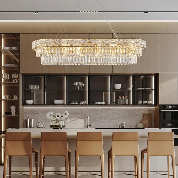 Crystal Chandeliers, 49.2" 18-Light Gold Chandelier for Dining Room, Rectangular Chandelier for Kitchen, Living Room Chandeliers, Island Lights Hanging Lights Dimmable