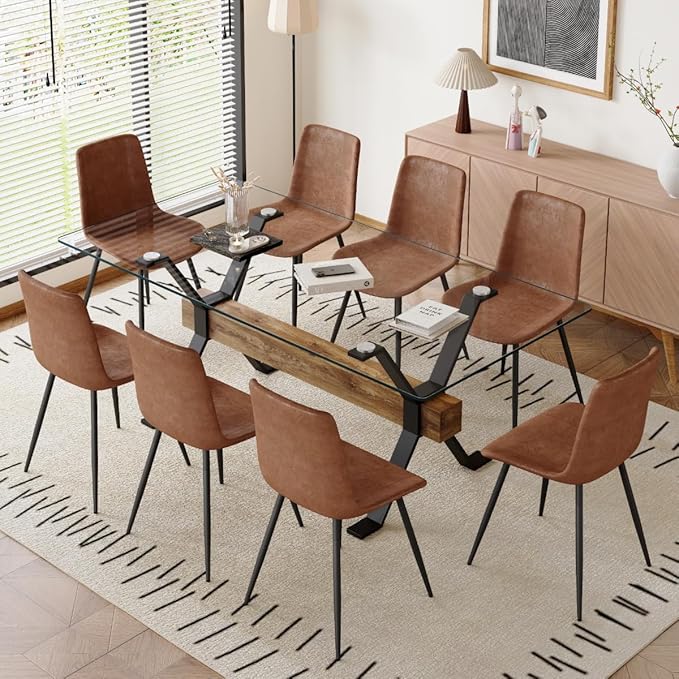 9 Piece Glass Dining Table Set, Kitchen Table Chairs Set for 8, 71'' Dining Table with 0.4" Tempered Glass Tabletop with Plated Metal Legs and MDF Crossbar, 8 Suede Chairs for Dining Room, Kitchen.