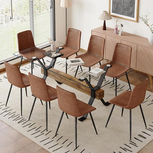 9 Piece Glass Dining Table Set, Kitchen Table Chairs Set for 8, 71'' Dining Table with 0.4" Tempered Glass Tabletop with Plated Metal Legs and MDF Crossbar, 8 Suede Chairs for Dining Room, Kitchen.