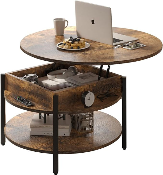 FABATO Round Lift Top Coffee Table with Storage and Hidden Compartment, 26.77'' Farmhouse Coffee Table for Living Room Reception Room, 2 Tier Small Round Coffee Table Circle Dining Table, Rustic Brown