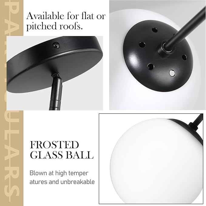 8" Globe Pendant Light Black Mid Century Modern Light Fixture Milk Glass Pendant Light Globe Pendant Lights Kitchen Island Matte Black Finished with Milk Glass Lampshade for Dining Room
