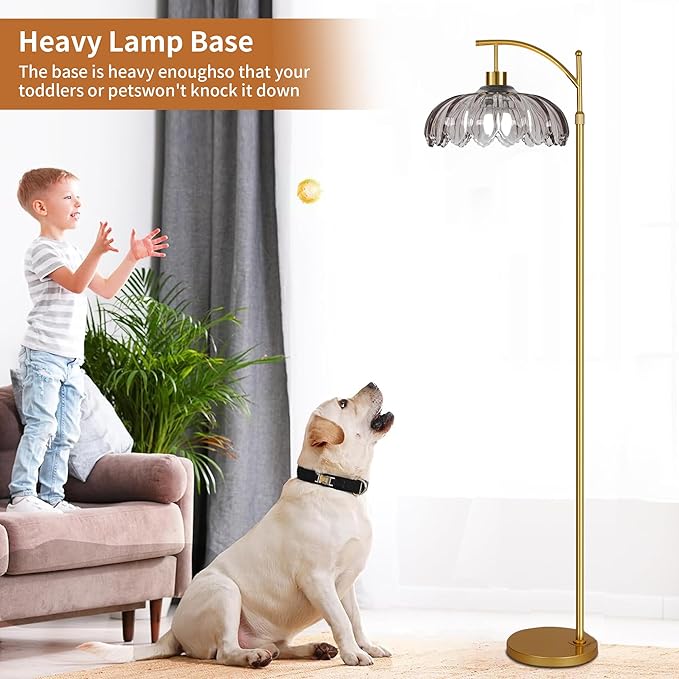 Floor Lamp for Living Room,Bedroom,Gold Dimmable Standing Lamp with Remote,Mid Century Modern Brass Tall Lamp Retro Vintage Grey Glass Lamp Floor Light Boho Bohemian