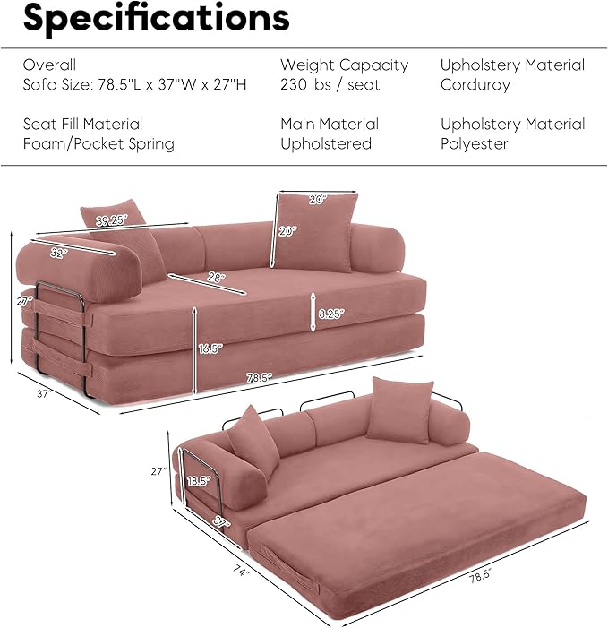 Convertible Sleeper Sofa Bed with Cylindrical Pillow, Corduroy Folding Boneless Couch with Fixed-Shape Frame, Floor Sofa Lounge Couch for Living Room Bedroom Lounge Studio-Pink