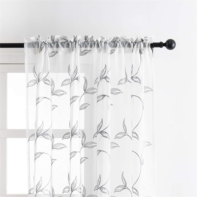 VISIONTEX Sheer Curtains 84 Inch Length 2 Panels, Decor Iron Grey Vine Leaves Embroidery on White Voile Pair, Accent Semi Window Drapes for Kitchen, Living Room and Bedroom, 54" W x 84" L