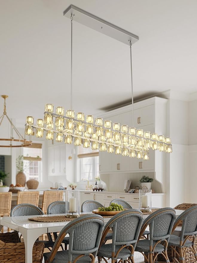 Silver Rectangular Crystal Chandelier Light Fixture 54 in Dining Room Chandelier Over Table Modern Farmhouse Ceiling Pendant Hanging Light Fixture for Living Room, Kitchen Island
