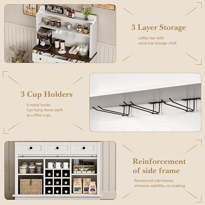 63 Inch Coffee Bar Cabinet with 3-Tier Storage, Kitchen Storage Cabinets with 3 Drawers, Farmhouse Coffee Bar with 9 Racks, 3 Glass Holders, Wine Bar for Living Dining Room, White