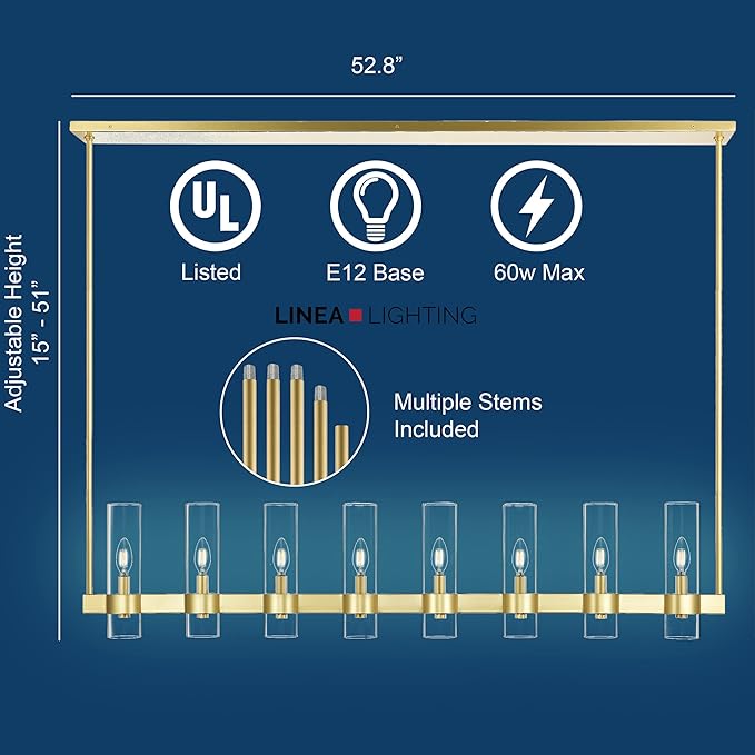 Linea di Liara Teramo Satin Brass Kitchen Island Lighting - Modern Farmhouse Rectangle Dining Room Light Fixtures - 54 inch 8 Light Linear Chandelier