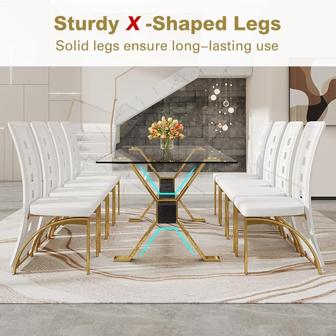 71'' Glass Dining Table Set for 8,9 Piece Dining Table Set with Open‑Frame X‑Shaped Golden Metal Base,Gold Kitchen Table and Chairs Ideal for Dining Room&Home Office