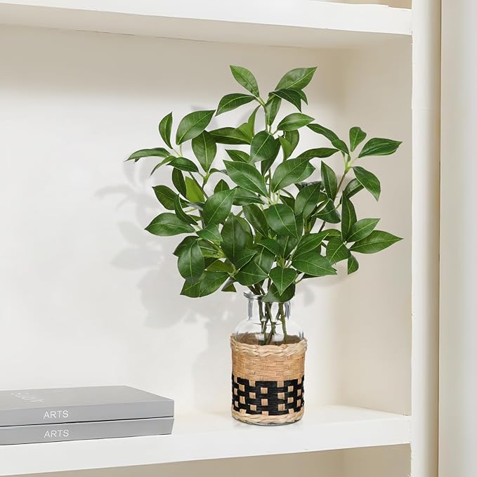 Fake Stems in Glass Vase with Faux Water and Handcrafted Bamboo Weave 13.4” Artificial Plants Leaves for Shelf Desk Bathroom Farmhouse Room Coffee Table Home Decor